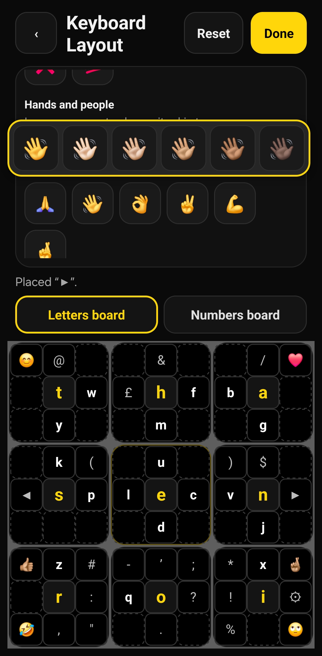 The layout editor: tap a character, then tap where it goes
