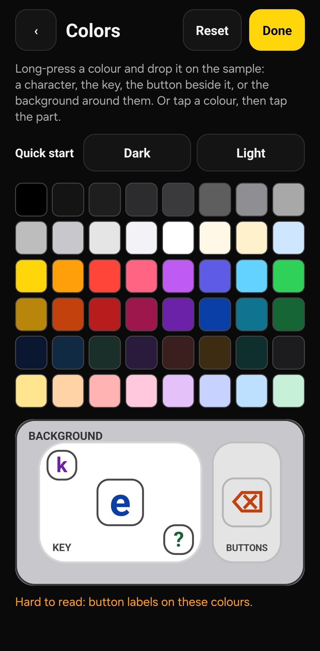 Choosing colours for a light keyboard